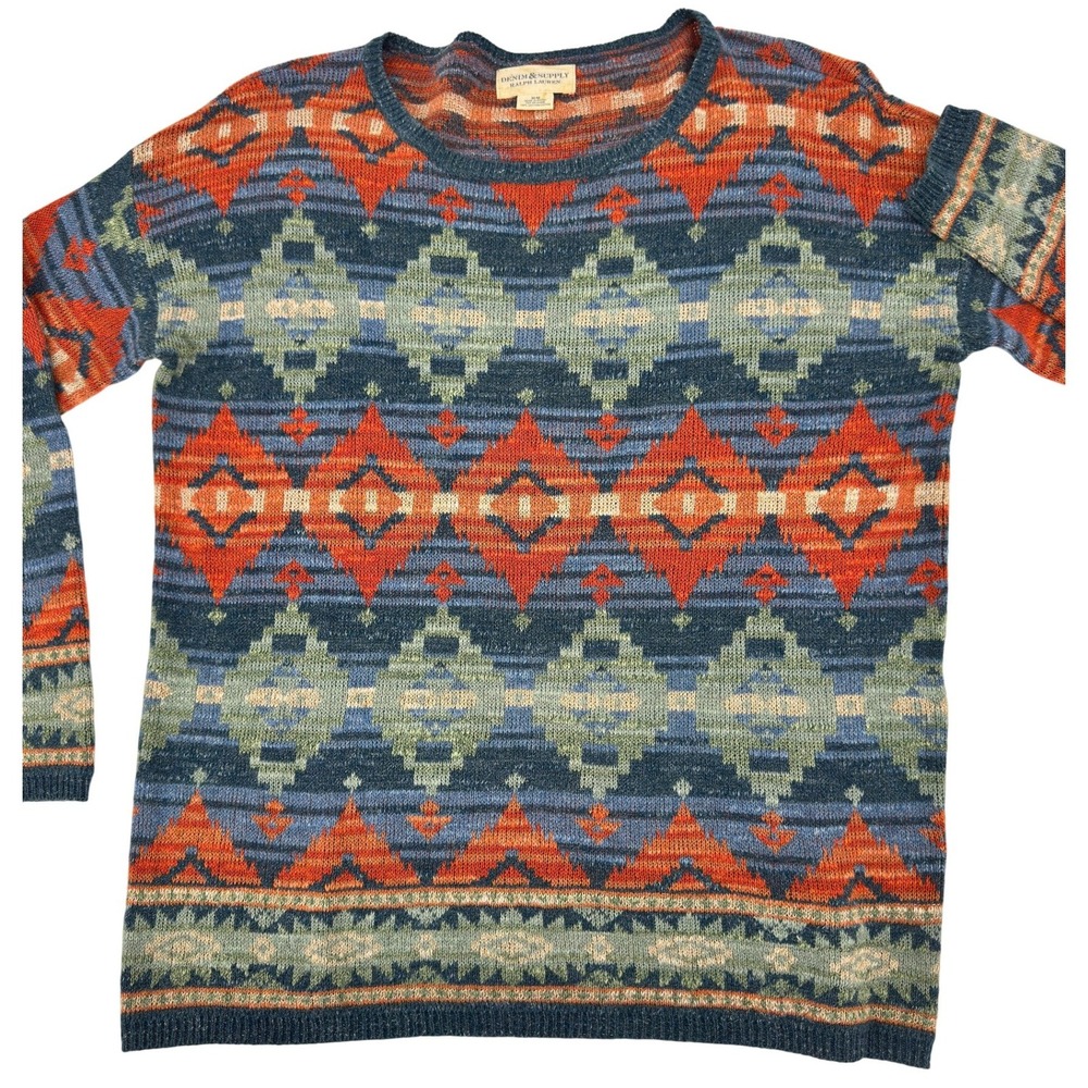 Denim & Supply Ralph Lauren‎ Mens Sweater M Southwestern Cotton Crewneck Blue